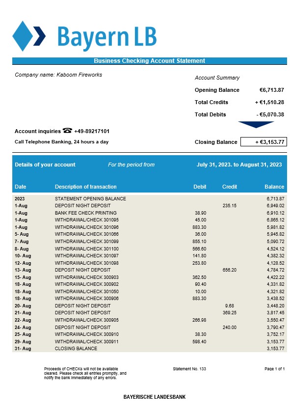 Modèle Word et PDF de relevé de compte bancaire de la Bayerische Landesbank Bank